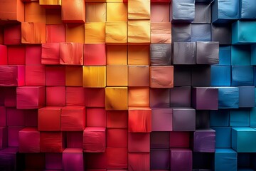 Poster - A striking pattern comprised of 3D blocks in various shades of red, orange, and blue, creating a visually compelling quilt-like texture effect