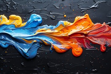 Poster - A vivid depiction of a colorful wave of paint in rhythmic motion, bursting with blues, yellows, and reds splashed across a canvas