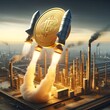 Golden Coin with Rocket Boosters Over Industrial Zone