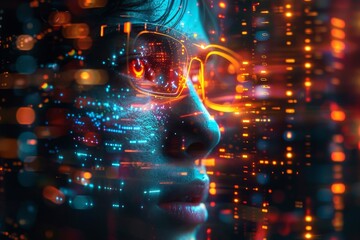 Poster - An artistic portrayal of a woman wearing glasses, merged with colorful digital light effects that suggest a data-driven visualization