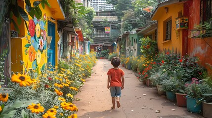 Wall Mural - A child transforming a bleak alley into a garden of creativity, his murals blooming with life amidst the concrete jungle