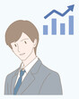 Businessman with growing graph. Hand drawn flat cartoon character vector illustration.