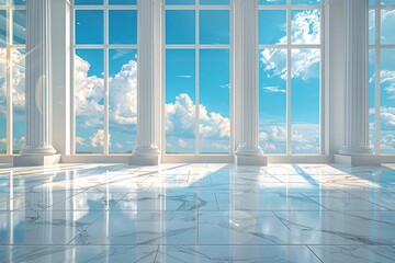 Poster - An expansive, airy space with gleaming floors and grand columns under a clear blue sky visible through massive windows