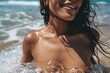 A detailed view of a bronzed Latina woman, slim yet curvy, coming out of the water with confidence in a bikini