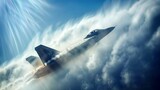 Fototapeta  - A military plane breaking the sound barrier against a blue, cloudy sky background