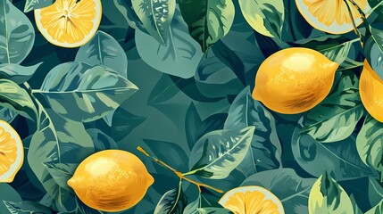 Digital lemon and leaves pattern illustration poster web page PPT background