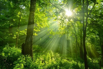 Wall Mural - lush green forest with sunbeams filtering through trees enchanting nature landscape