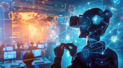 Poster - A female figure immersed in a virtual world gazes intently at a computer screen.