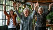 © BrightWhite - Joyful gathering of three elderly women celebrating with arms raised in a cozy cafe, evoking feelings of friendship and happiness, warm tones dominate.