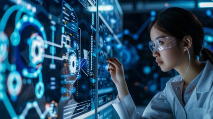 Poster - A female scientist in a white lab coat focused on analyzing data on a computer screen.
