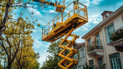 A yellow self-propelled articulated boom lift and a scissor lift positioned on a street lined with trees and sky in the background