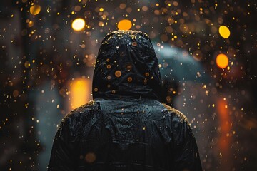 A close-up view of a drenched person walking through a heavy downpour, raindrops drumming, representing perseverance and courage