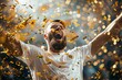 victorious male soccer player celebrating win with gold confetti sports triumph