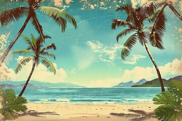 Wall Mural - vintage tropical beach view with palm trees and blue sky summer travel background concept illustration