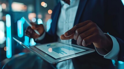 Poster - A businessman analyzing financial charts and graphs on a tablet device, strategizing for business growth and success.