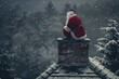© Maelgoa - Santa Claus stuck at the entrance of a chimney on the roof of a house, his red suit contrasting against the dark bricks