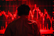 Fearful investor with a backdrop of red stock graphs, conveying panic in the trading world 