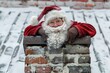 Santa Claus stuck halfway in the entrance of a chimney atop a house, his cheerful expression contrasting with his predicament