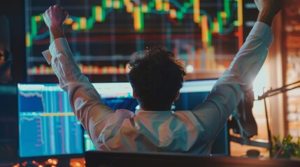 Aufkleber - A businessman celebrating success with arms raised while looking at a computer screen displaying positive stock market graphs and gains.
