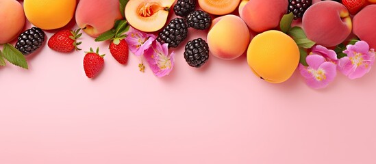 Aufkleber - The tantalizing summer fruits including apricots plums and strawberries create a vibrant pink background frame with ample copy space for your image