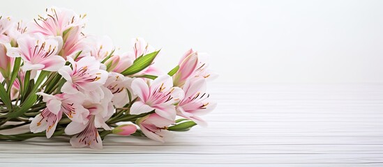 Aufkleber - A copy space image showcasing beautiful alstroemeria flowers on a white wooden background surrounded by a willow branch