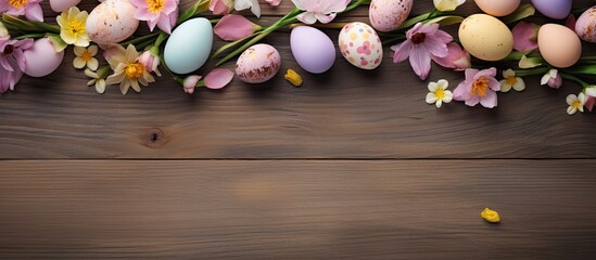 Leinwandbilder - A top down view of a decorative Easter background with pastel hand painted eggs spring flowers and empty space for text. Creative banner. Copyspace image