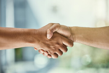 Poster - Business people, handshake and partnership with team in greeting, agreement or deal at office. Closeup of employees shaking hands for introduction, b2b or welcome in hiring, collabration or workplace