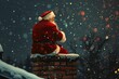 Santa Claus is stranded at the mouth of a chimney on the rooftop of a house, his iconic red attire standing out against the night sky
