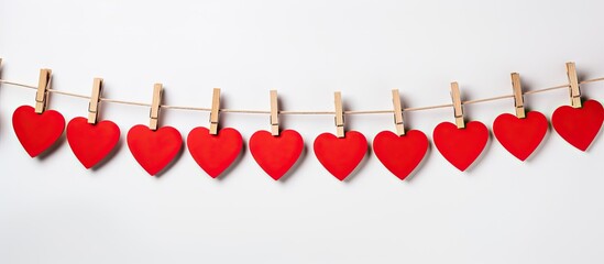 Poster - A red heart is suspended on clothespins creating a copy space image against a white background