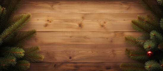 Poster - A festive Christmas themed image featuring a wood texture backdrop with a square frame at the top showcasing a beautiful fir tree 152 characters. Creative banner. Copyspace image