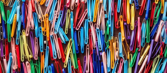 Aufkleber - Top view of a colorful collection of stationery striped paper clips arranged in a flat lay creating an abstract background image The composition suggests the back to school college and education conc