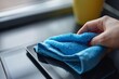 Hand cleaning tablet screen with microfiber cloth