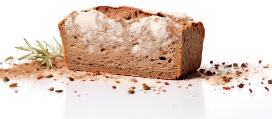 Poster - A copy space image of a rye flour bread brick with spices placed on a white background