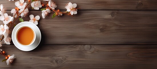 Aufkleber - An image of a cup of coffee and blooming apricot branches on a worn wooden background with plenty of space for text or other additions. Creative banner. Copyspace image