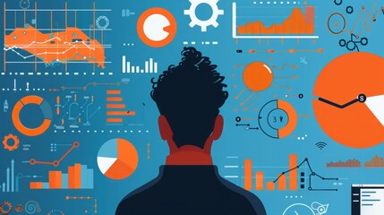 Poster - A man standing and reviewing numerous complex diagrams on a table in an office environment.