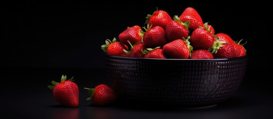 Poster - A copy space image of a vibrant red strawberry resting in a bowl against a striking black background