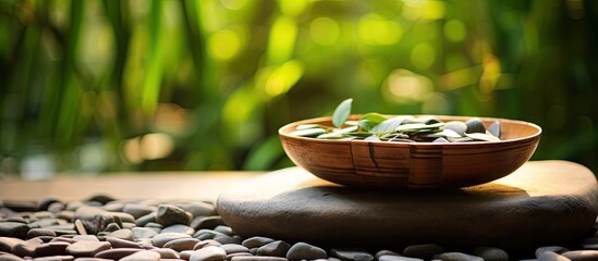Aufkleber - Bowl filled with stones surrounded by bamboo grove on mat background copy space image