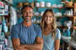 © Good AI - A portrait of a smiling male coach and his female athlete in a surf shop, reflecting a positive, mentoring relationship and an active lifestyle.