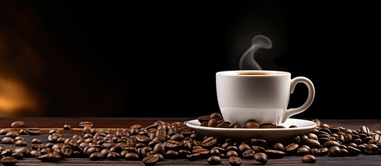 Poster - A copy space image of a white coffee cup placed on a dark background alongside scattered coffee beans