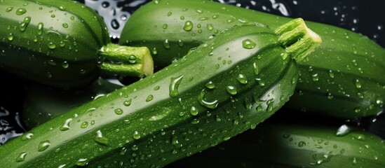 Wall Mural - A background image of fresh zucchini or courgettes covered in water droplets is available with ample copy space
