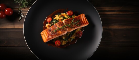 Fototapete - Above a horizontal view captures a flatlay of a black plate adorned with a succulent baked salmon fillet It is accompanied by a rich sun dried tomato sauce showcased on a black wooden table The image