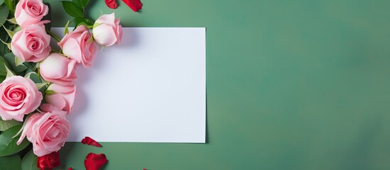 Poster - Top view of a green background adorned with blooming pink roses featuring an empty white paper sheet and a red heart creating an ideal copy space image