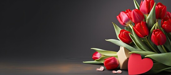 Fototapete - A copy space image showing a greeting card celebrating Valentine s Day with a beautiful bouquet of tulips and a red heart