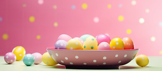 Fototapete - A festive arrangement of colorful Easter eggs with dots is displayed on a yellow plate alongside bunny ears against a pretty pink backdrop This cheerful image captures the essence of the holiday and