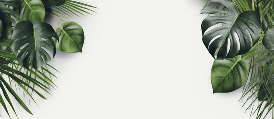 Aufkleber - A realistic and organic arrangement of tropical leaves casts natural shadows on a white textured background perfect for overlaying on product presentations backdrops and mockups Copy space image