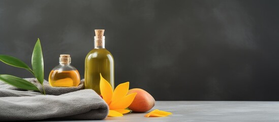 Poster - On a grey background there is an arrangement of mango essential oil and bath supplies creating a visually appealing copy space image