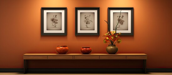 Poster - contemporary office featuring empty frames a vase filled with flowers and a well lit wall providing 