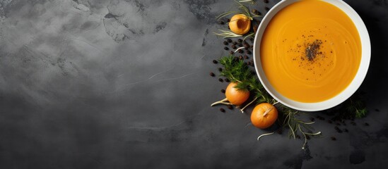Aufkleber - A copy space image of butternut squash soup with black pepper displayed from an overhead perspective on a smooth grey slate surface