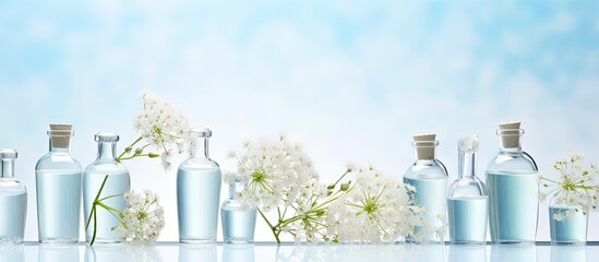 Poster - Copy space image featuring fancy healthcare bottles for serum micellar tonic toner lotion water and cream adorned with a delicate gypsophila branch illustrating a natural organic spa cosmetics concep
