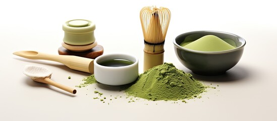 Poster - A copy space image featuring matcha powder and tea ceremony tools arranged on a white background